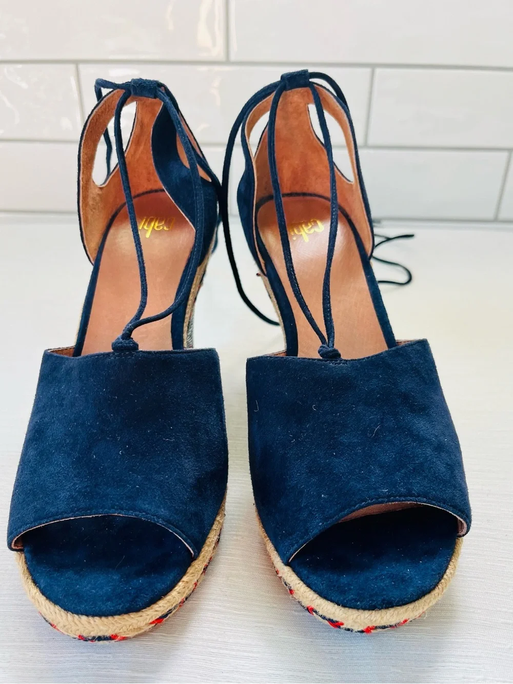 CAbi Navy Suede Lace-Up Espadrille Wedge Sandals